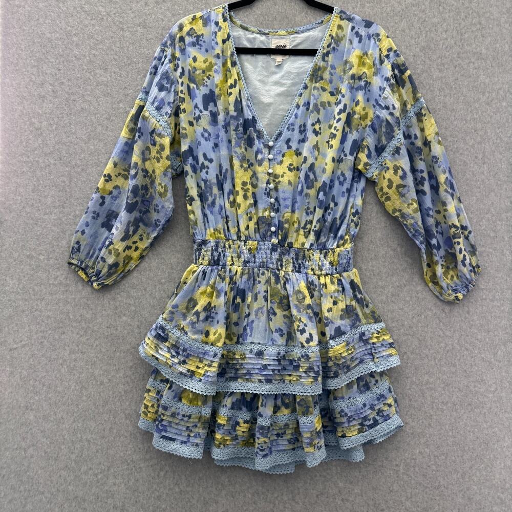 Aerie Floral Drop Waist Tiered Mini Dress Sz M Blue Deep V-Neck Boho Cottagecore